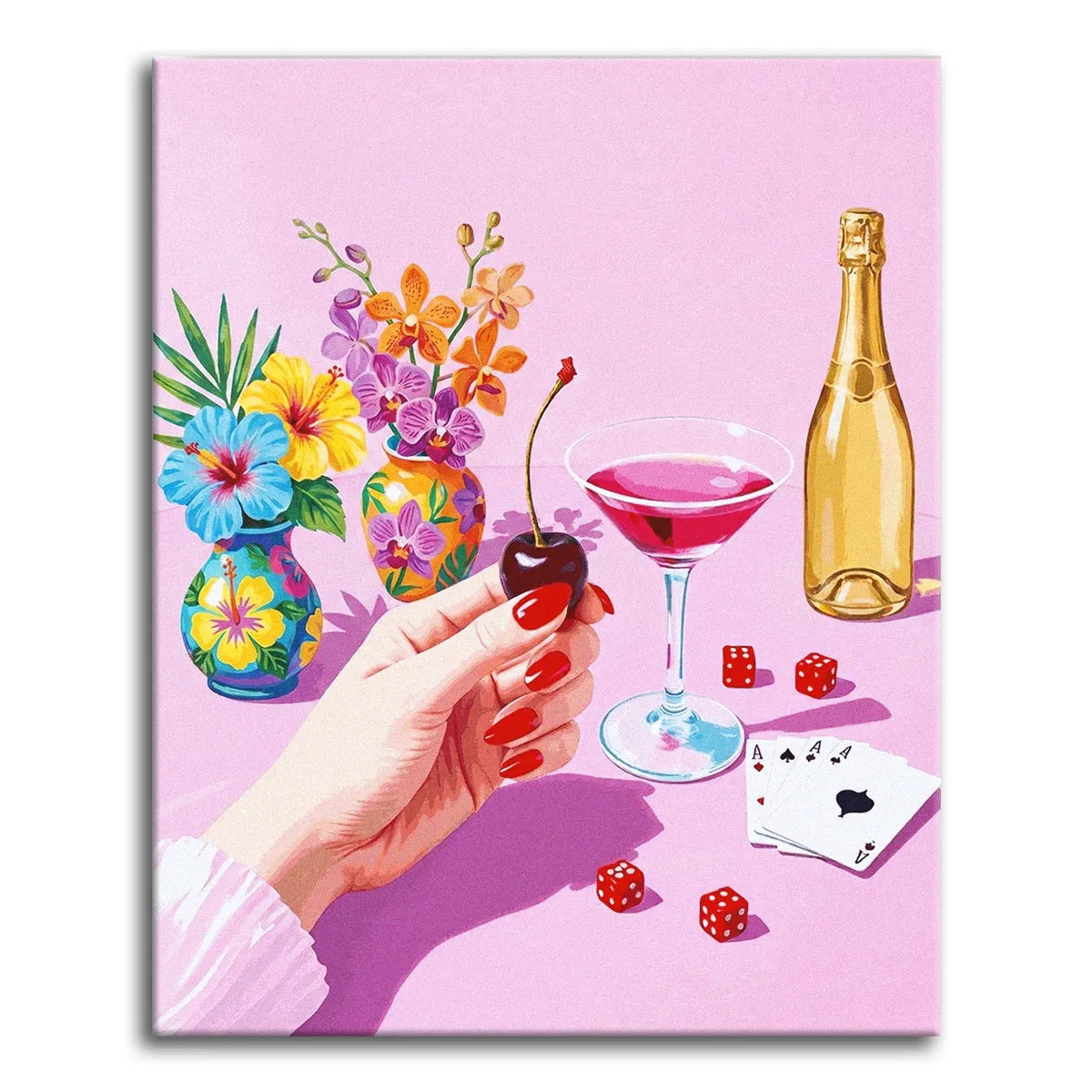 A bold, flat-style paint by numbers scene of a manicured hand holding a cherry beside a pink cocktail, a champagne bottle, dice, and playing cards, with two vases of tropical flowers on a bright pink background.