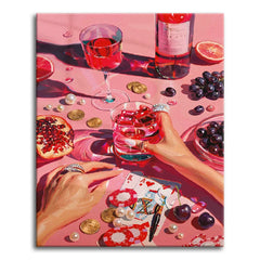 A glossy, hyper-real paint by numbers still life of two manicured hands holding playing cards and a red cocktail on a hot-pink table, with grapes, pomegranate, gold coins, pearls, and poker chips.