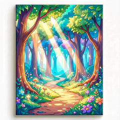 anime style glowing enchanted forest path with colorful flowers mushrooms and soft sunlight between trees fantasy landscape paint by numbers design