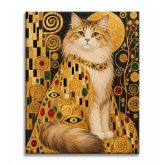 A fluffy cat with a jeweled collar sits among golden spirals and mosaic patterns, in a paint by numbers design.