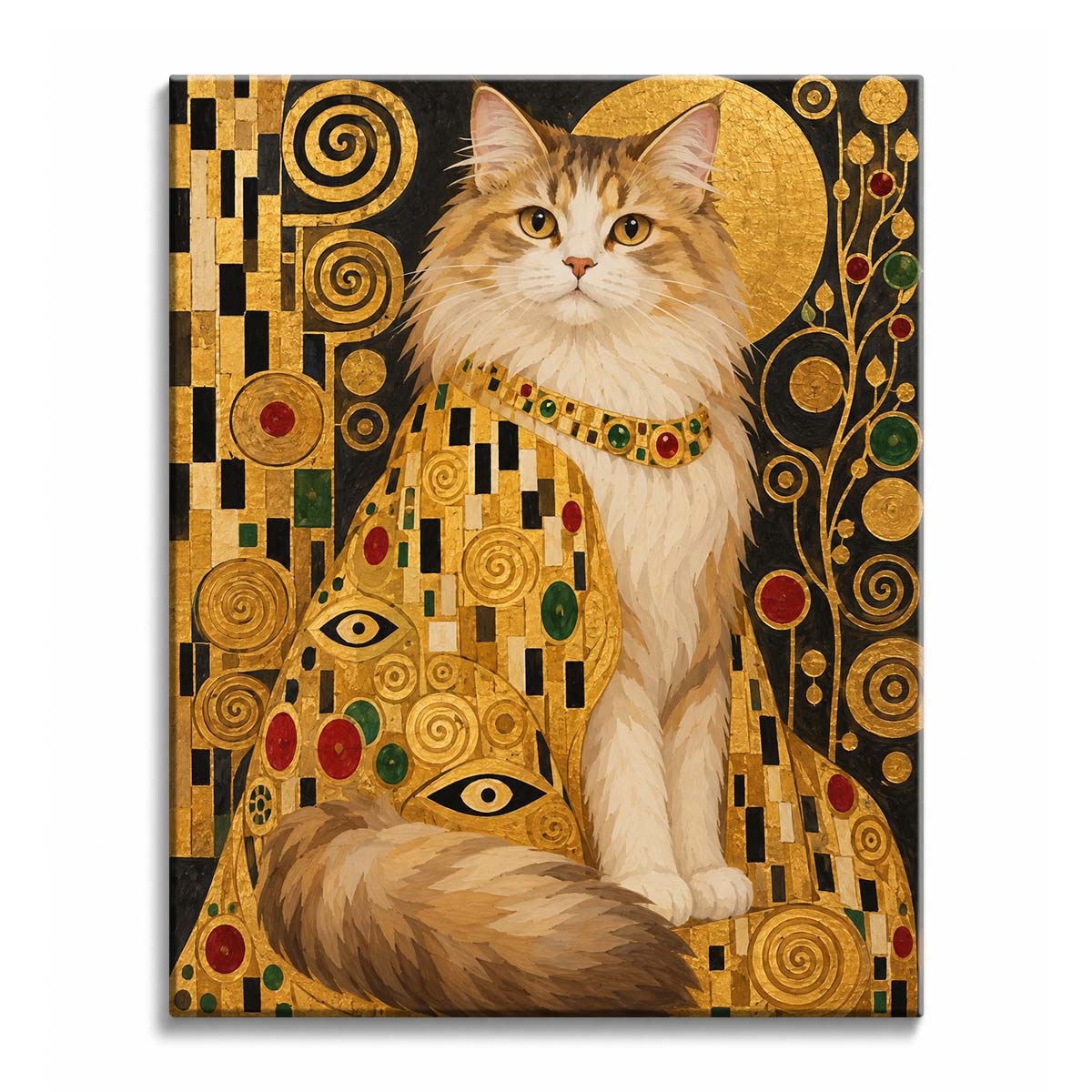 A fluffy cat with a jeweled collar sits among golden spirals and mosaic patterns, in a paint by numbers design.