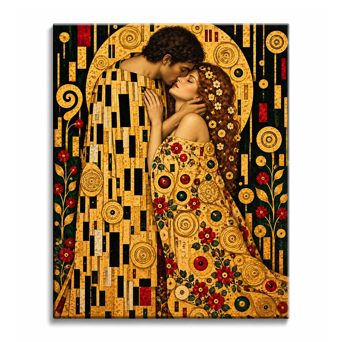 Wrapped in gold mosaic robes, a couple embraces beneath a golden arch with red blossoms climbing the dark background, in a klimt style paint by numbers design.