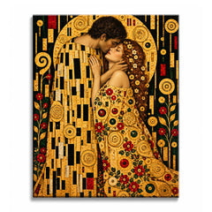 Wrapped in gold mosaic robes, a couple embraces beneath a golden arch with red blossoms climbing the dark background, in a klimt style paint by numbers design.