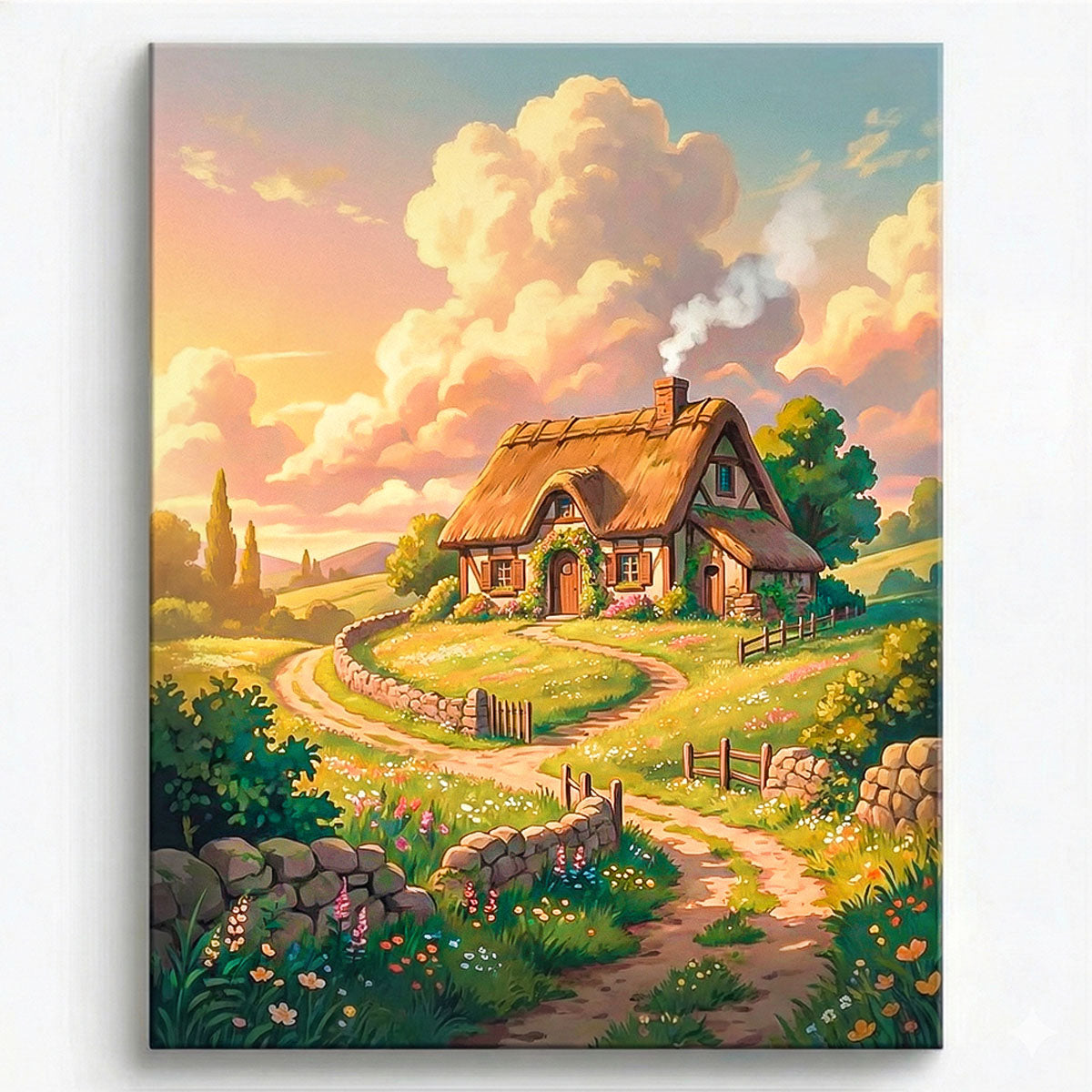 anime style countryside cottage with winding garden path flower meadow and warm sunset sky fantasy landscape paint by numbers design