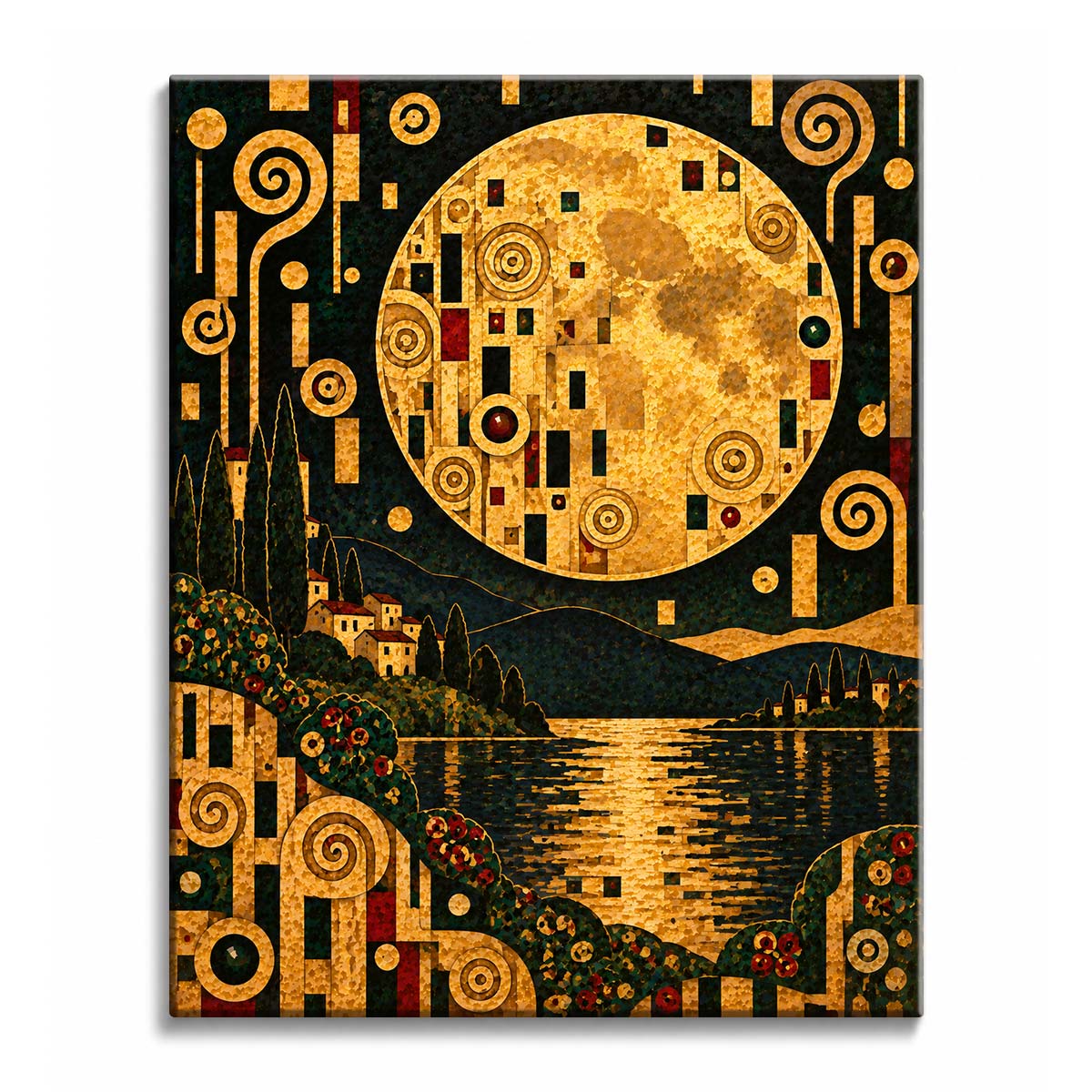 Over a dark lake and hillside village, a vast golden moon inlaid with Klimt-style mosaic fills the night sky, in a paint by numbers design.