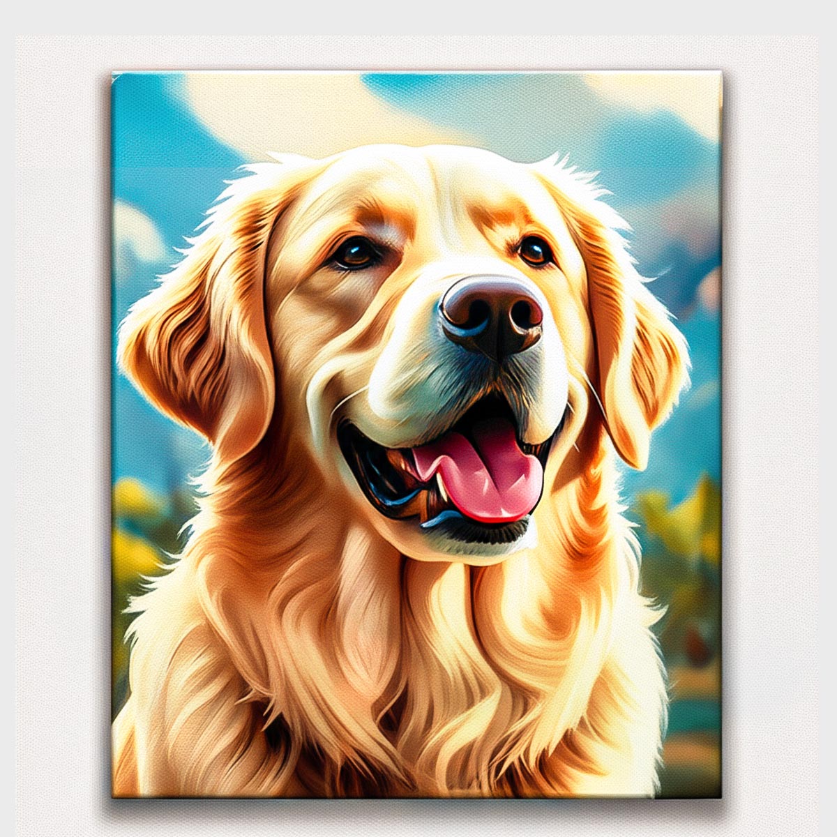 Smiling golden retriever close-up portrait with warm golden fur against a soft blue sky background paint by numbers design.