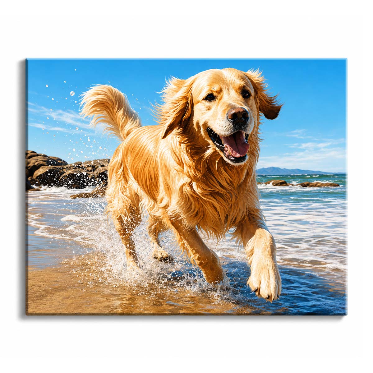 A golden retriever runs through shallow ocean water on a sunny beach, sending spray into the air in a realistic paint by numbers design.