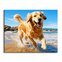 A golden retriever runs through shallow ocean water on a sunny beach, sending spray into the air in a realistic paint by numbers design.