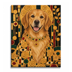 Grinning before a golden halo, a golden retriever in a jeweled collar wears a spiral-patterned robe on a dark ornamented background, in a paint by numbers design.