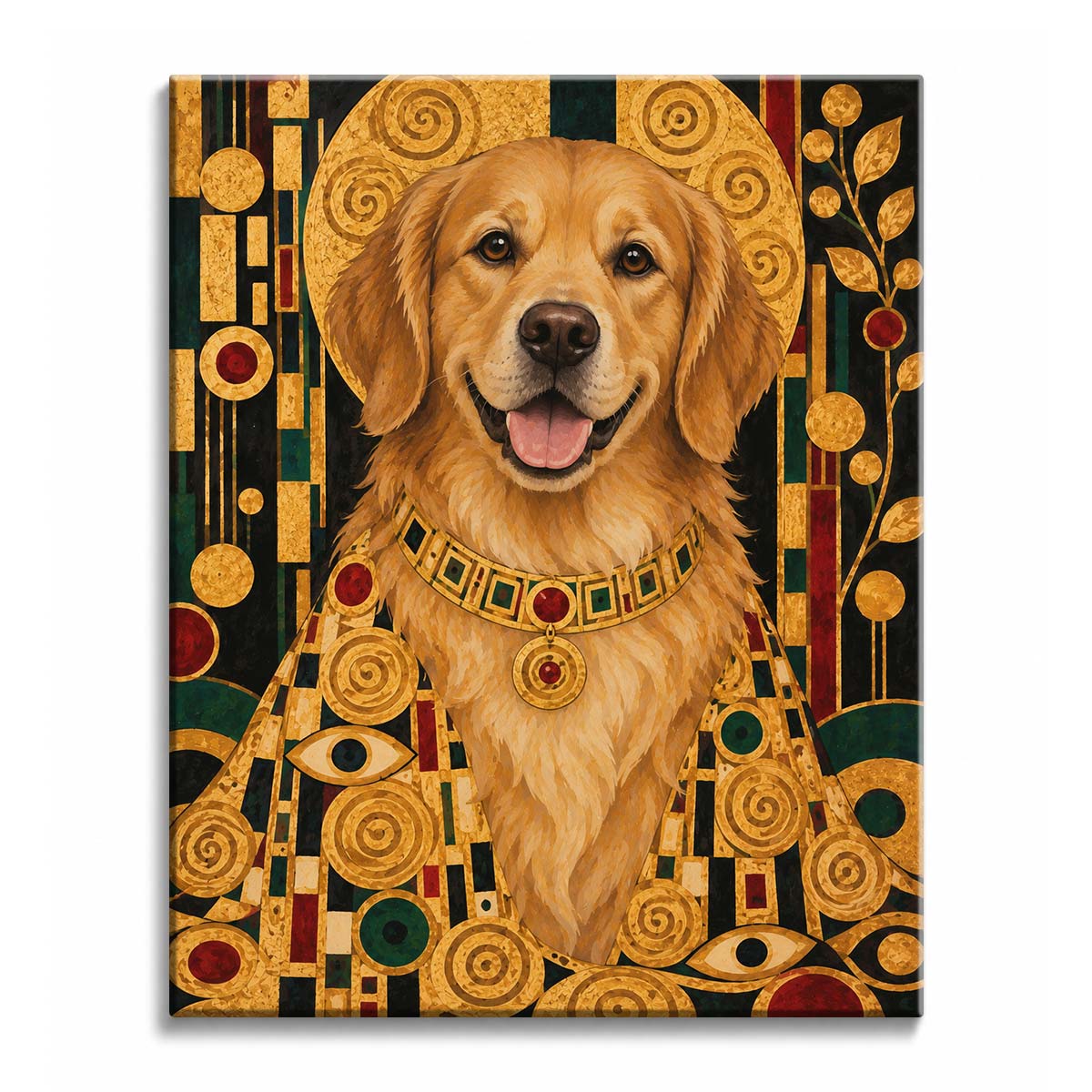 Grinning before a golden halo, a golden retriever in a jeweled collar wears a spiral-patterned robe on a dark ornamented background, in a paint by numbers design.