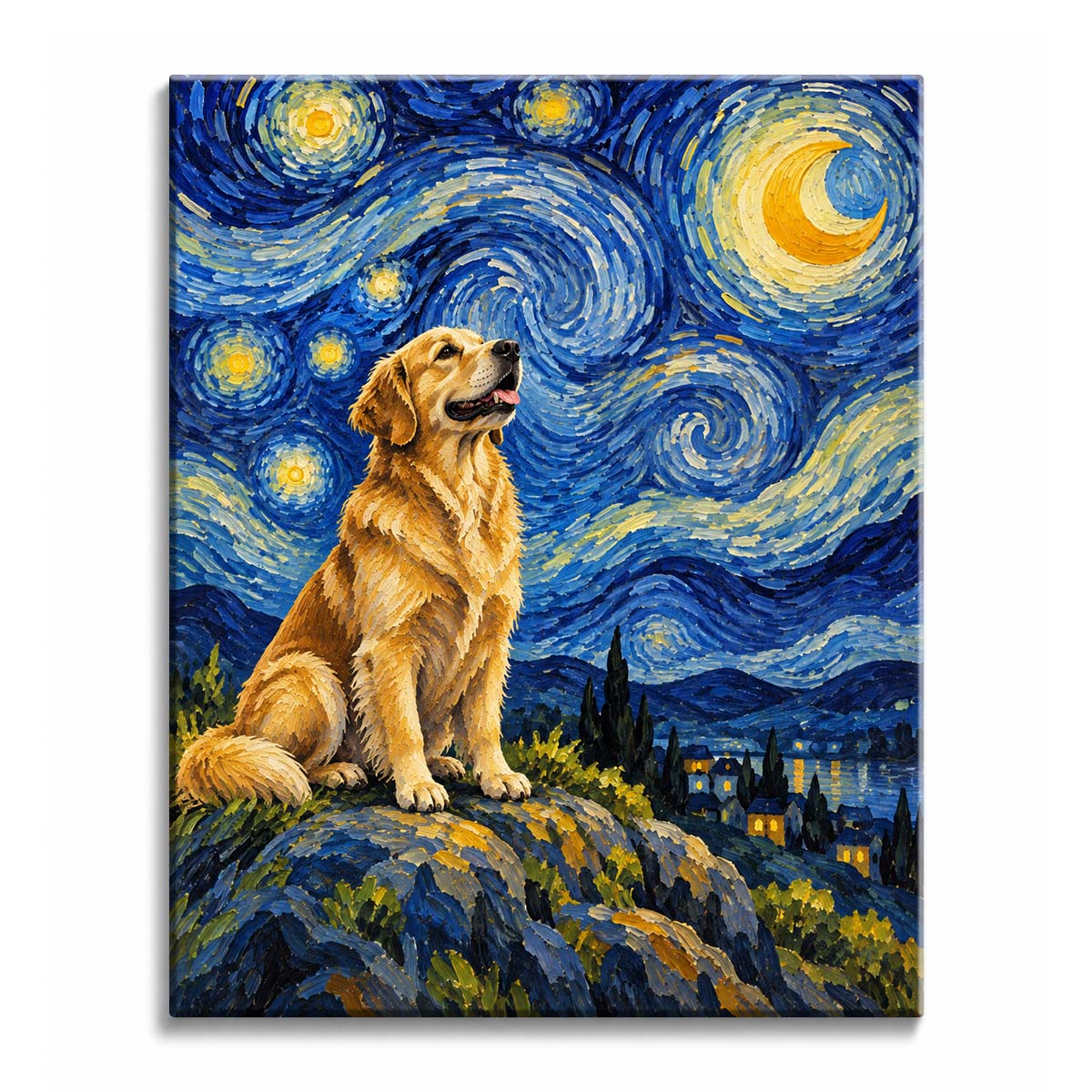A golden retriever paint by numbers design in Van Gogh style, featuring a seated golden dog gazing toward a crescent moon beneath swirling blue skies above a lakeside village.