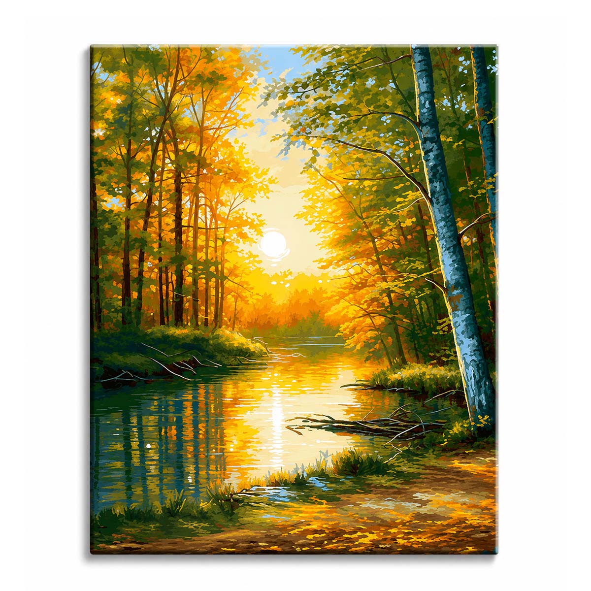 A river running through an autumn forest with low golden sun reflecting on the water, shown as a paint by numbers canvas.