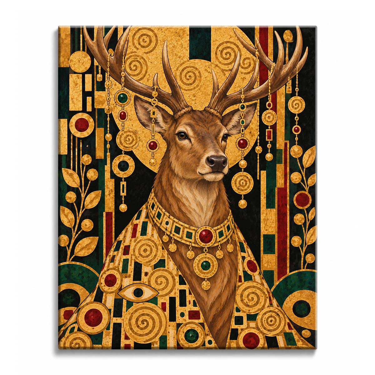 A stag with jeweled chains hanging from its antlers stands before a golden disc in a mosaic robe, in a deer paint by numbers design.