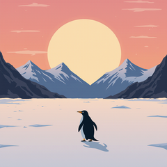 Single penguin on flat ice below a large golden sun and three mountain peaks in a minimalist arctic scene paint by numbers design.