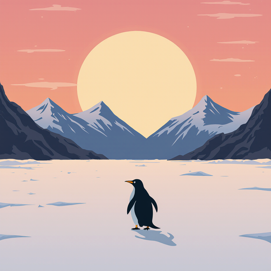 Single penguin on flat ice below a large golden sun and three mountain peaks in a minimalist arctic scene paint by numbers design.