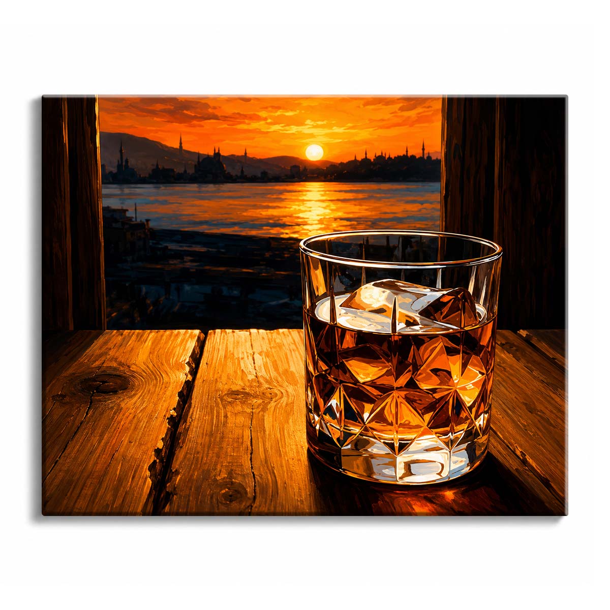 A warm paint by numbers design of a low sun setting over water and a distant skyline, seen past a cut glass on a wooden table.