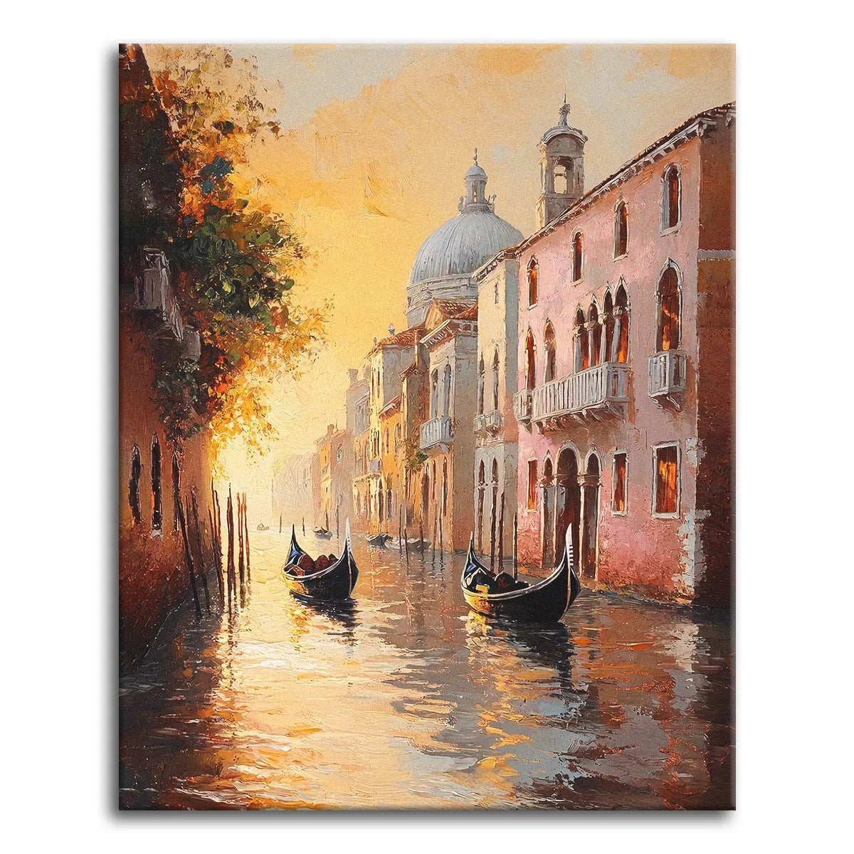 A paint by numbers canvas of a Venice canal at golden hour, with resting gondolas, warm stone buildings, a domed church, and glowing reflections on still water.