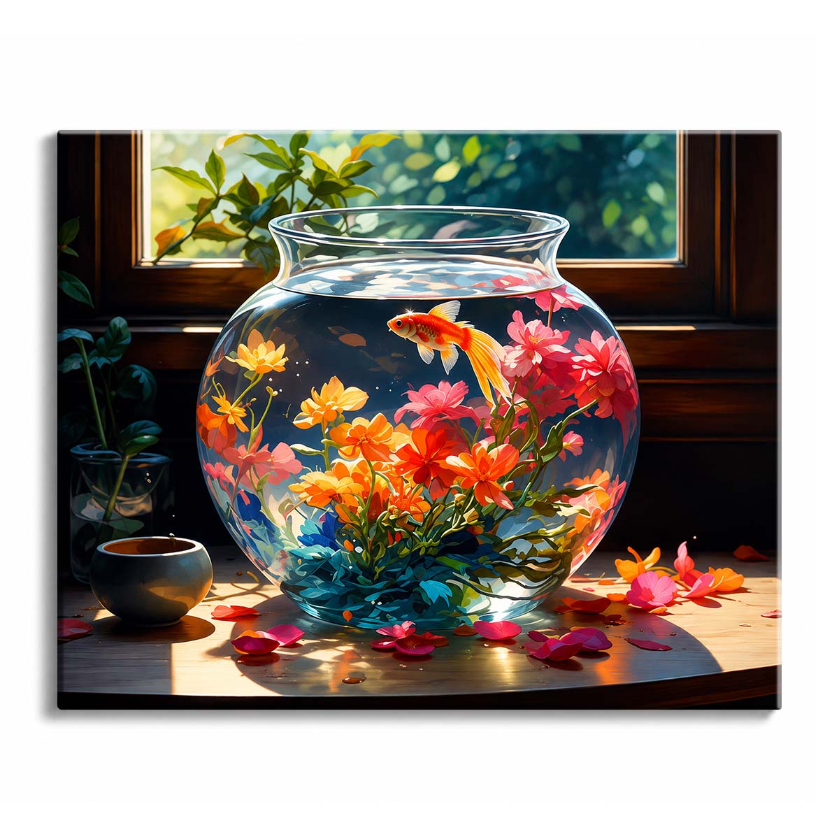Sunlight through a window falls on a glass bowl where a goldfish swims above orange and pink flowers, with petals scattered on the table.