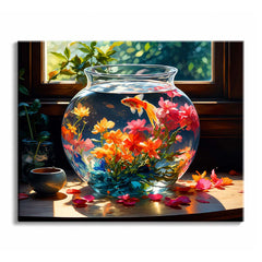 Sunlight through a window falls on a glass bowl where a goldfish swims above orange and pink flowers, with petals scattered on the table.