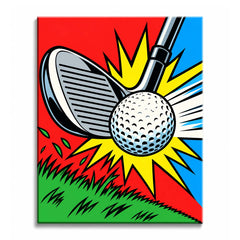 A golf ball paint by numbers design showing a club striking the ball in front of a yellow impact burst, with red and blue fields and green turf below.