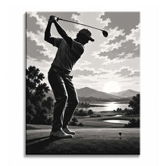 A golfer at the top of the backswing beside a ball on a tee, a lake and mountains behind under a low sun, in a golf paint by numbers design of dark silhouettes and pale sky.