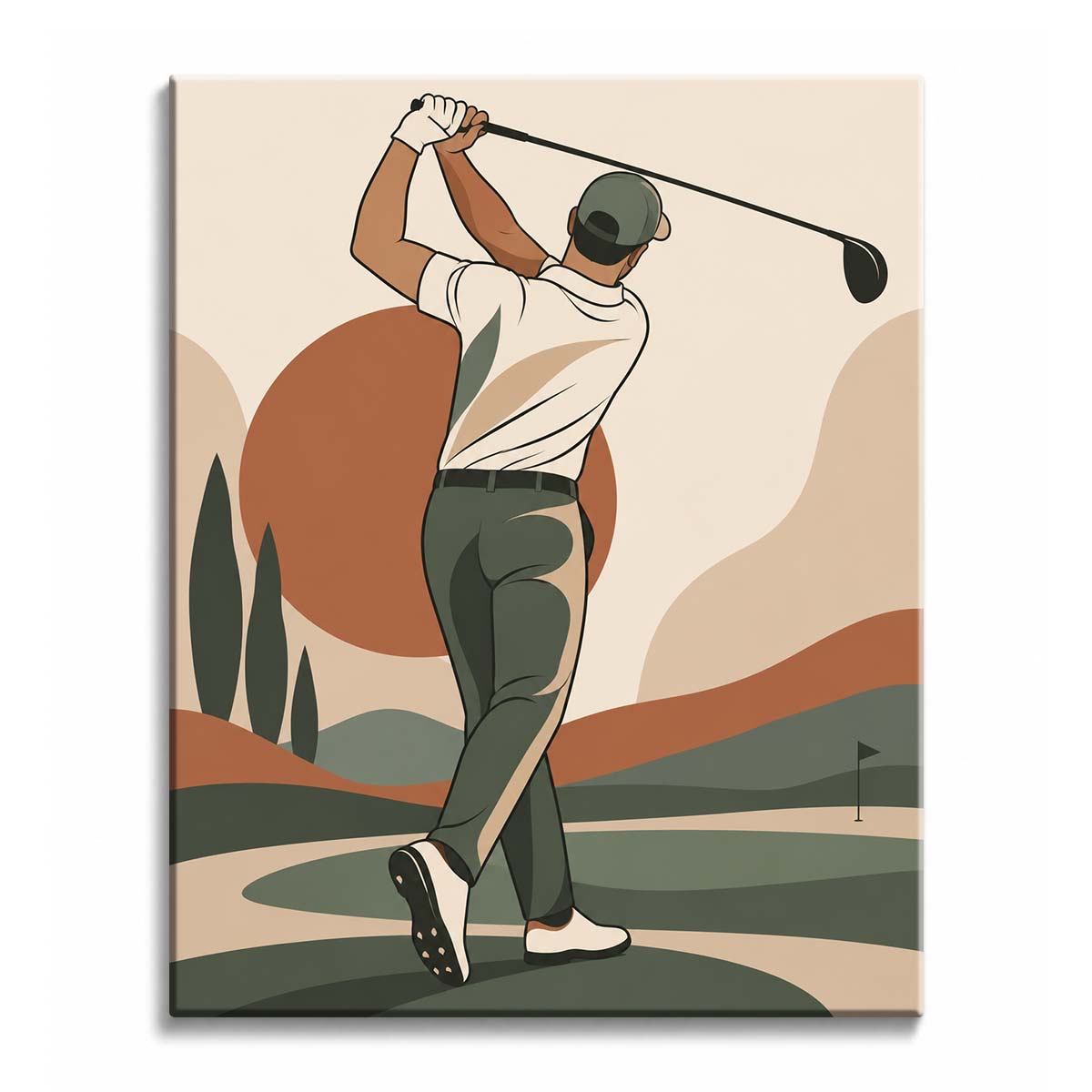 In a paint by numbers design, a golfer in a cream shirt and sage trousers holds the finish of a swing before a terracotta sun on a rolling course.