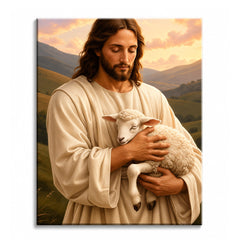 A paint by numbers canvas of Jesus as the Good Shepherd cradling a sleeping lamb, with rolling green hills and a soft sunset sky behind him.