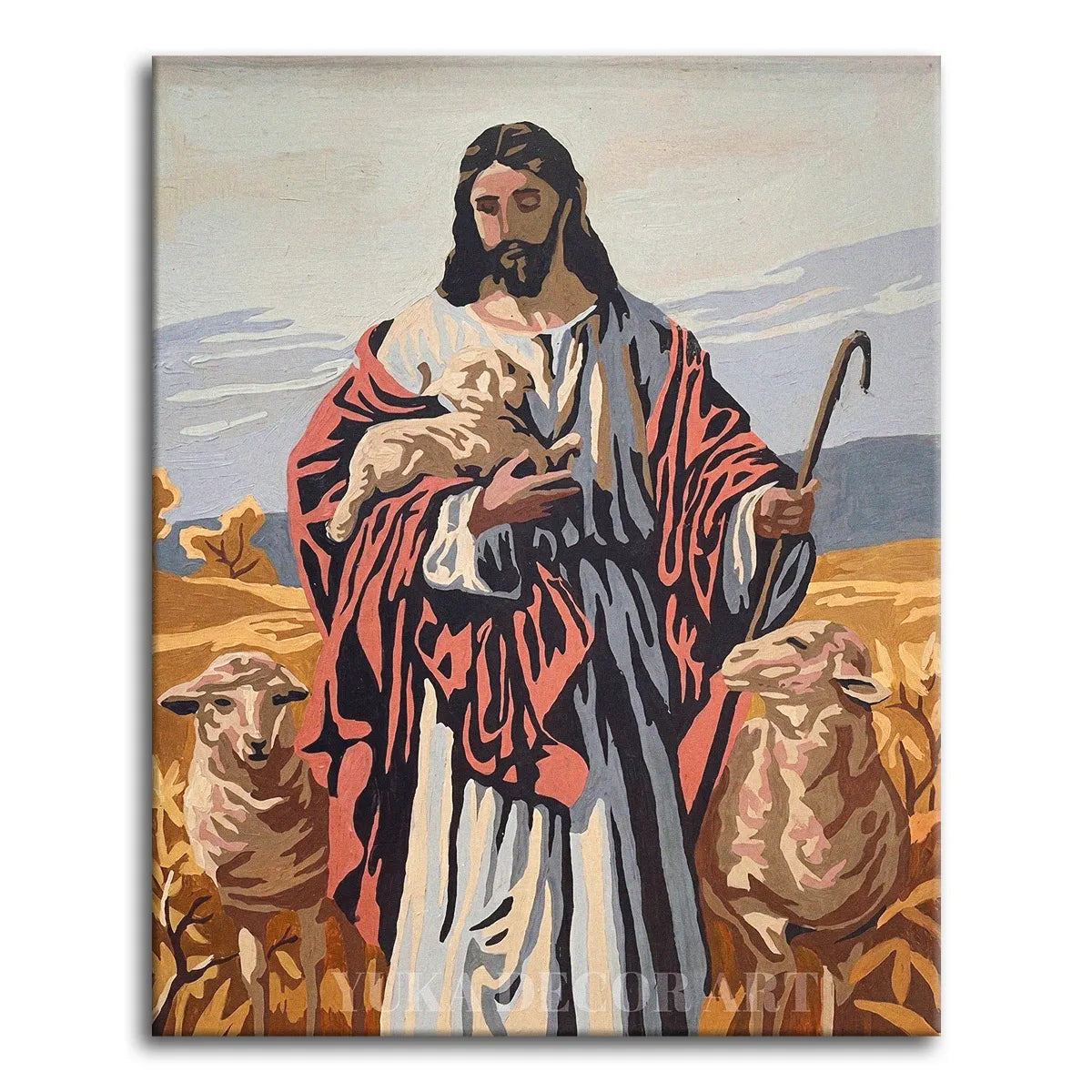 A traditional religious paint by numbers scene of Jesus as the Good Shepherd, cradling a lamb and holding a staff, surrounded by sheep in a warm golden landscape under an open sky.