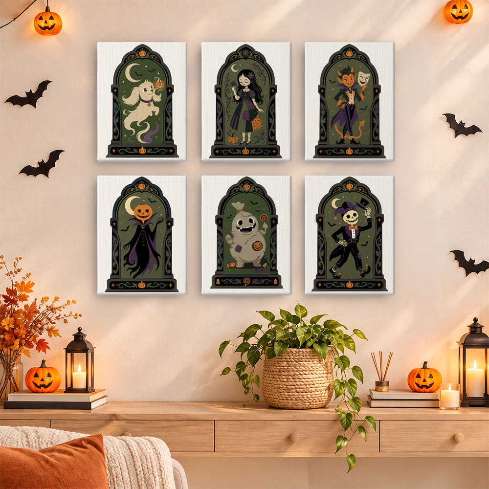 Posed in ornate gothic arches, a jester skeleton, a rag doll, a devil with a mask, and a pumpkin-headed figure fill six portrait designs, in a gothic halloween paint by numbers mini set.