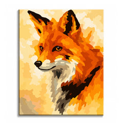 A stylized fox in profile made from flat patches of scarlet, orange and cream against a pale yellow background, shown as a paint by numbers canvas.