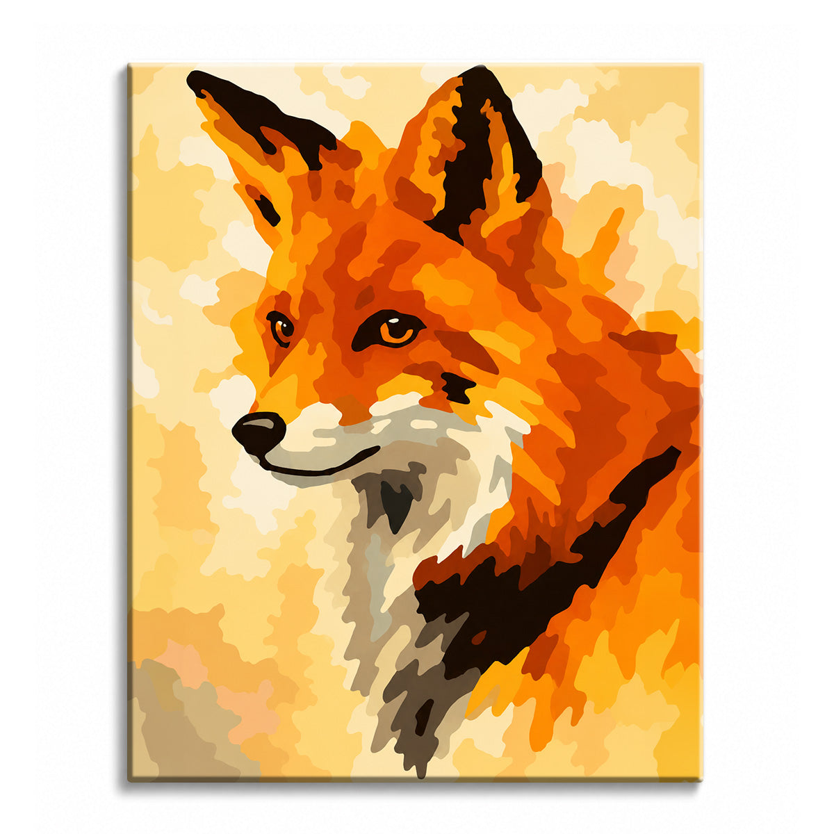 A stylized fox in profile made from flat patches of scarlet, orange and cream against a pale yellow background, shown as a paint by numbers canvas.