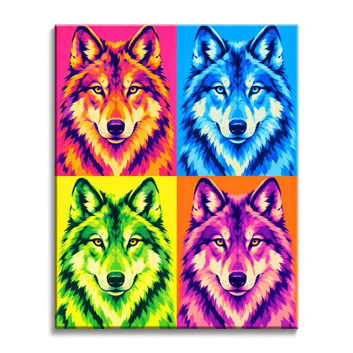 A pop art wolf with upright ears and a thick ruff repeated across pink, blue, yellow-green, and orange panels in a paint by numbers design.