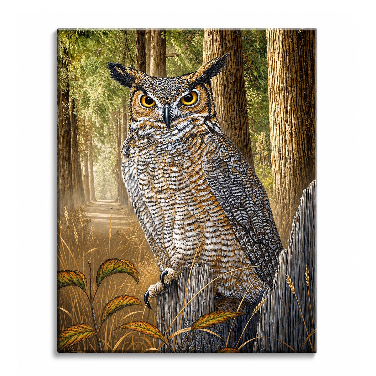 A paint by numbers canvas of a great horned owl perched on a weathered fence post, with a sunlit autumn forest path behind.