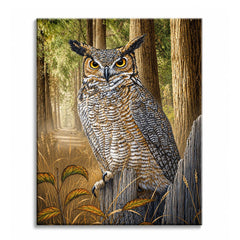 A paint by numbers canvas of a great horned owl perched on a weathered fence post, with a sunlit autumn forest path behind.