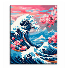 A great curling blue wave with cherry blossom branches and a pink sky, in Japanese woodblock style, shown as a paint by numbers canvas.