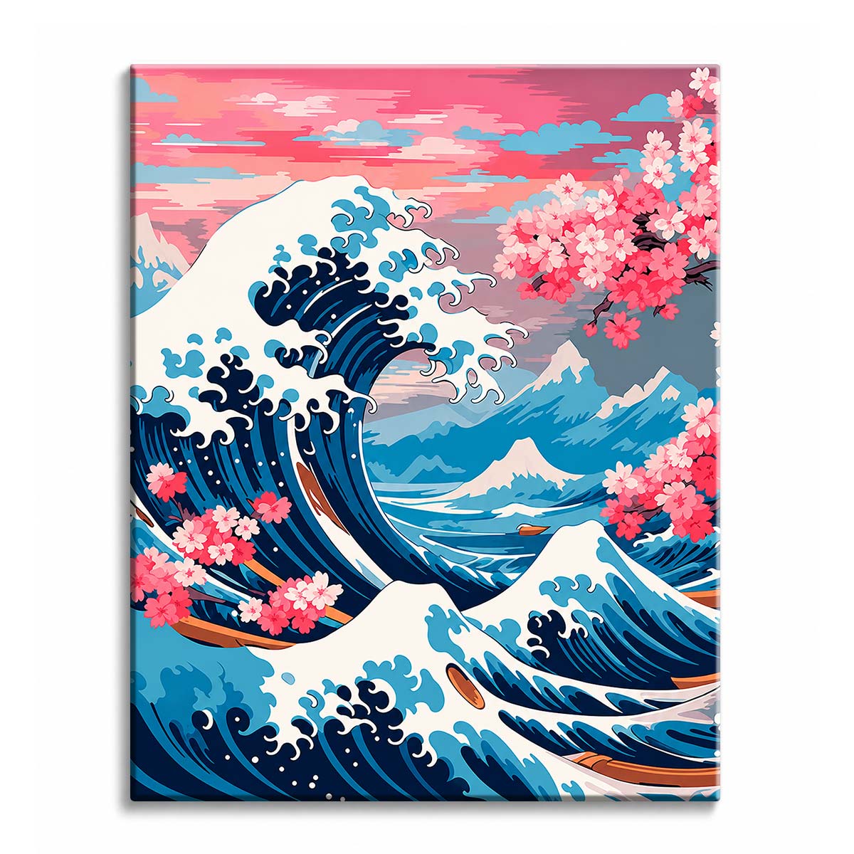 A great curling blue wave with cherry blossom branches and a pink sky, in Japanese woodblock style, shown as a paint by numbers canvas.