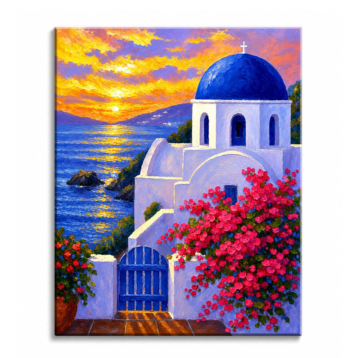 A blue-domed white Greek church above the sea with pink bougainvillea and a golden sunset, painted as a paint by numbers canvas.