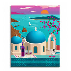 A flat-illustration Greek terrace with blue domes, a black cat and a table set for two overlooking a turquoise bay at sunset, shown as a paint by numbers canvas.