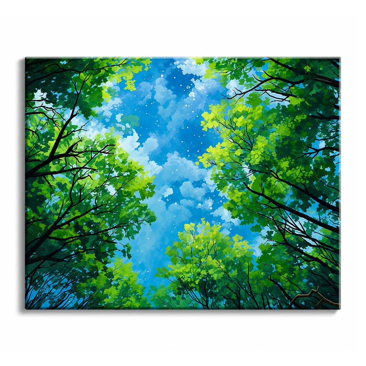 Green treetops reach in from every edge around an open patch of blue sky with white clouds, seen from directly below, in a paint by numbers design.
