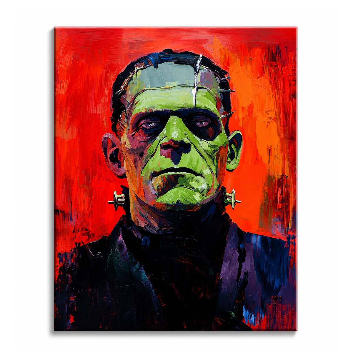 A green-faced monster with a dark coat painted in thick palette-knife strokes against a red background, shown as a paint by numbers canvas.