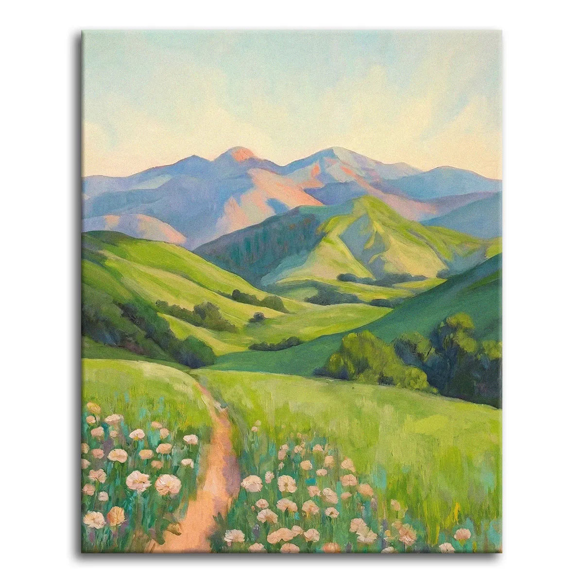 A soft impressionist vintage paint by numbers landscape of rolling green hills leading to layered violet mountains, with a dirt trail winding through a meadow of pale wildflowers under a hazy sky.