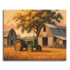 A warm paint by numbers farm scene of a classic green and yellow tractor in a golden wheat field between two weathered wooden barns, with a large amber shade tree and a soft pink sunset sky.