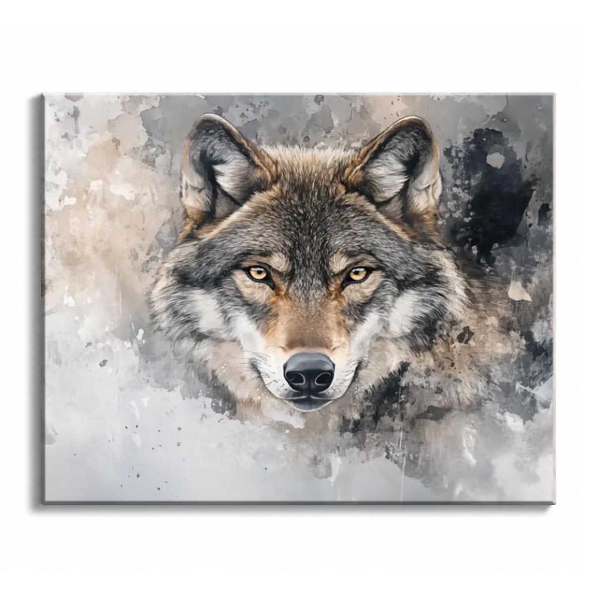 A grey wolf with amber eyes staring forward against a splattered watercolor background, shown as a paint by numbers canvas.