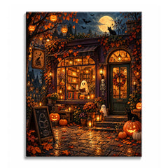 A ghost reads in the glowing window of a Halloween bookshop while a black cat watches from the roof, in a paint by numbers design.