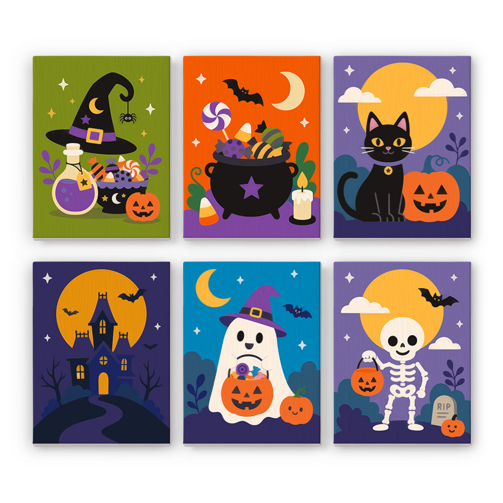 Under full moons and crescent skies, a ghost, a skeleton, and a black cat gather candy-filled cauldrons and buckets, in a halloween candy paint by numbers mini set.