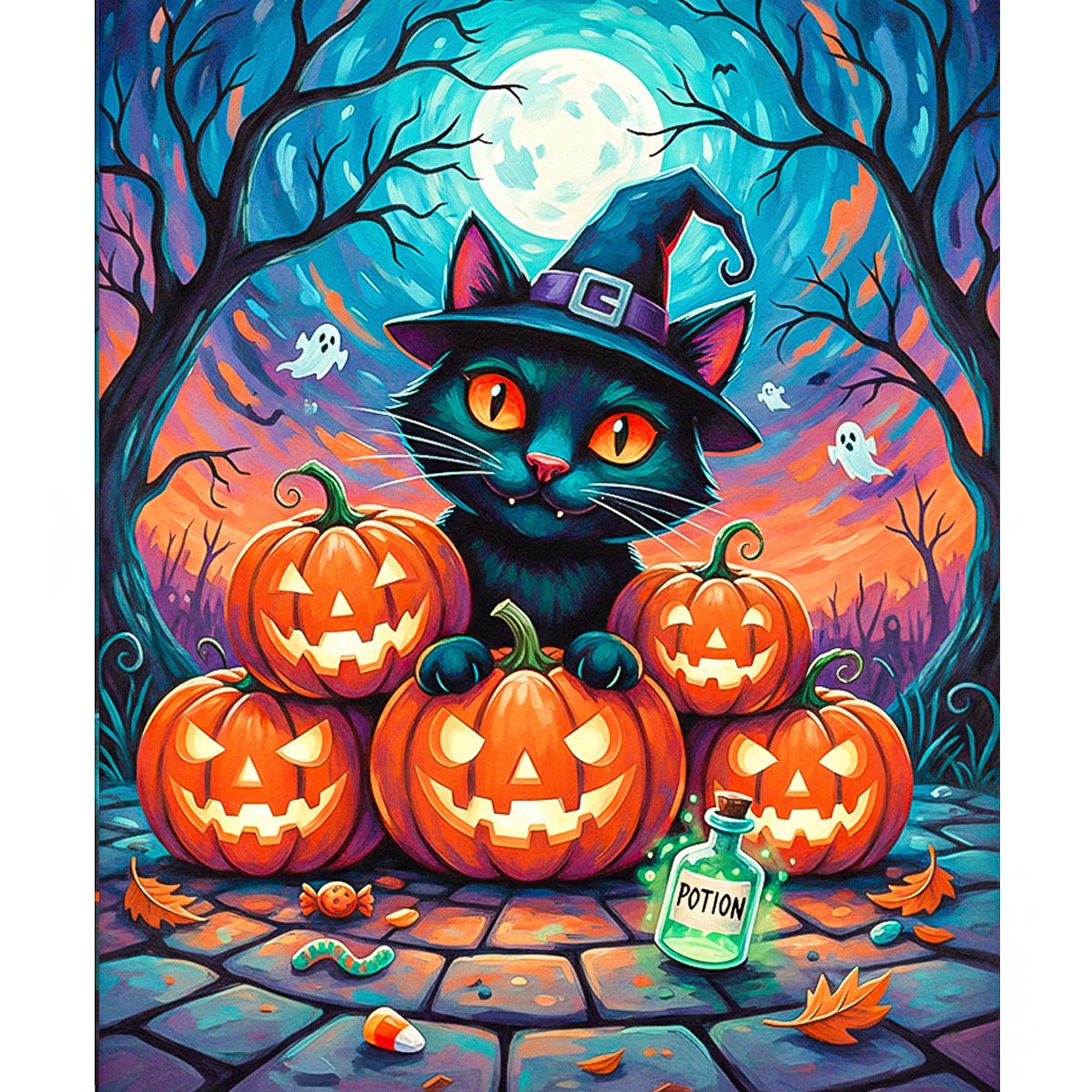 Witch Cat & Pumpkins Paint by Numbers Kit-2