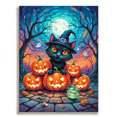 Witch cat and pumpkins paint by numbers design with moonlit Halloween forest scene