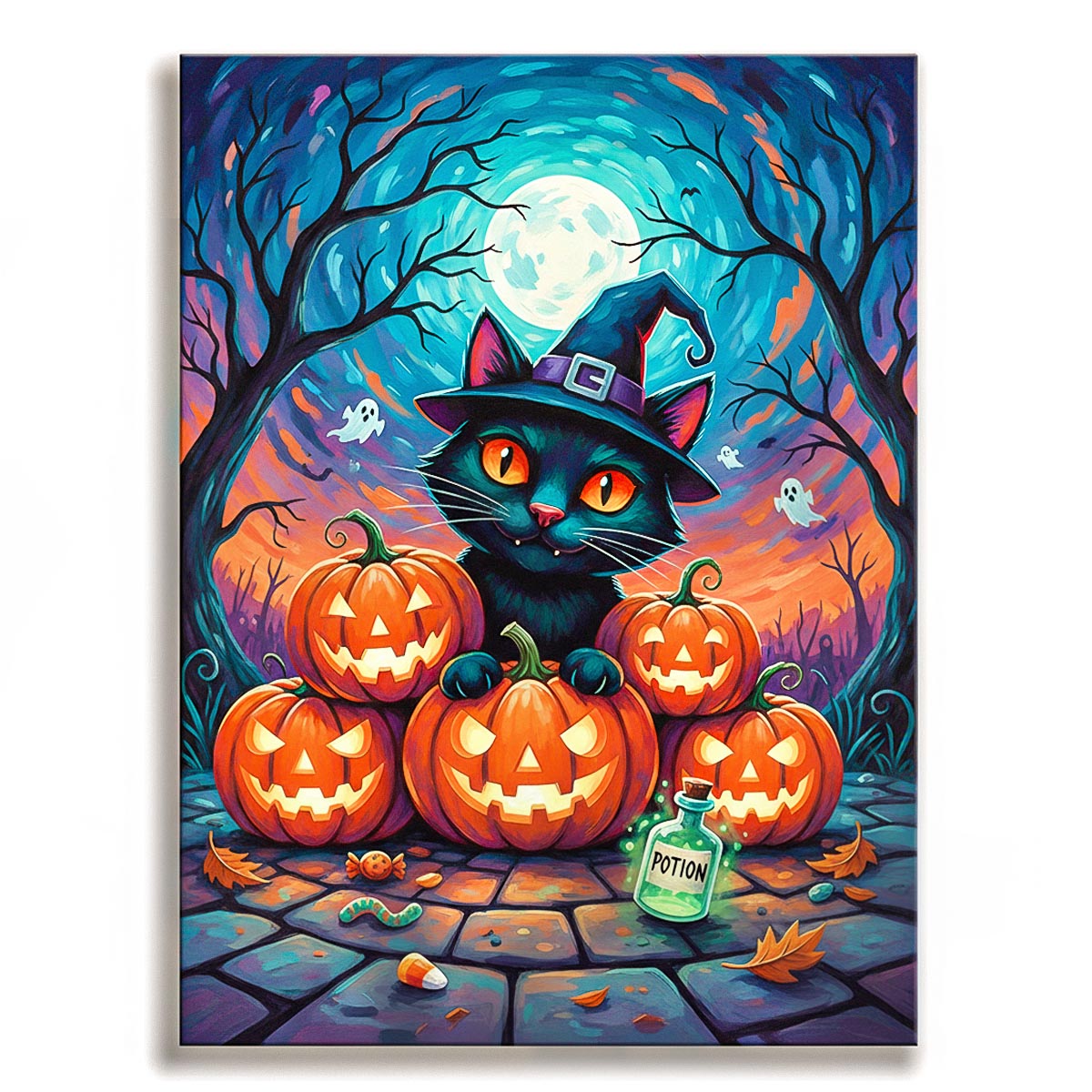 Witch cat and pumpkins paint by numbers design with moonlit Halloween forest scene
