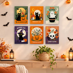 Labeled folk designs pair black cats with blooming pumpkins, a ghost in a flowerpot, and a skull wreathed in flowers, in a halloween cat paint by numbers mini set.