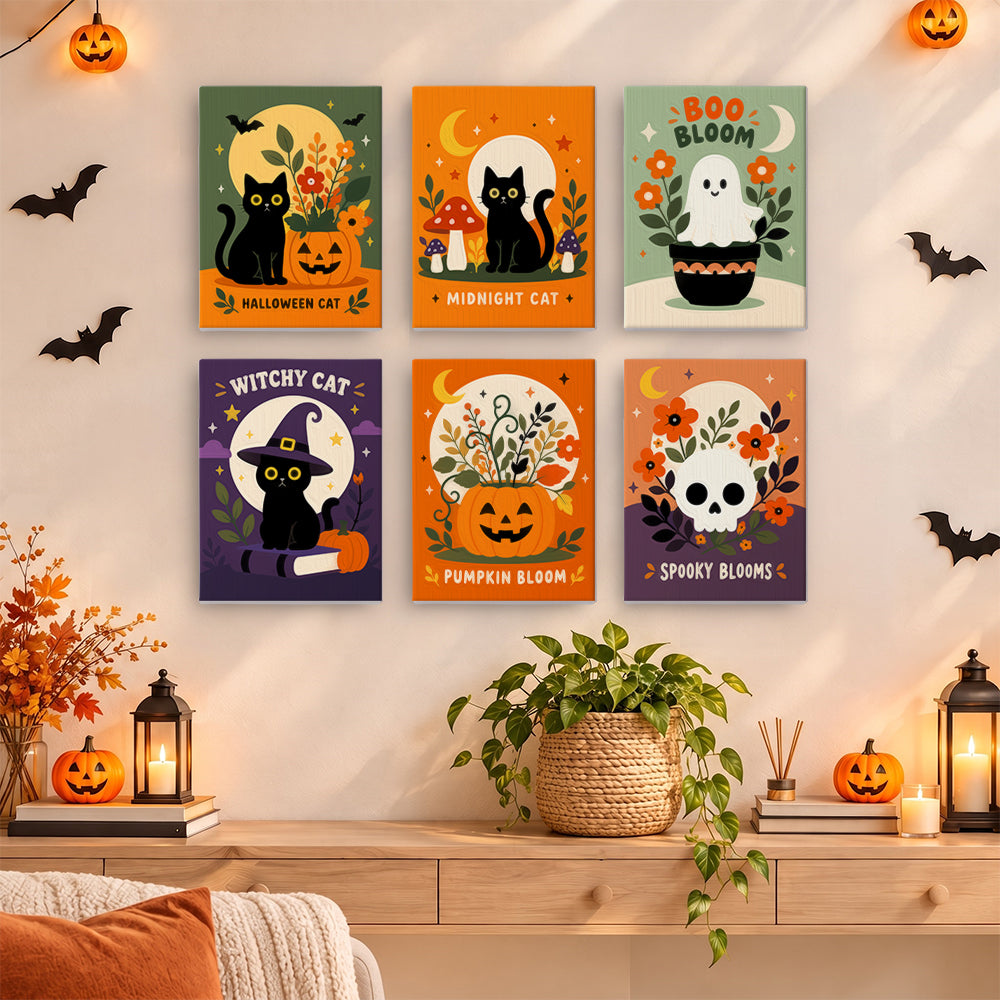 Labeled folk designs pair black cats with blooming pumpkins, a ghost in a flowerpot, and a skull wreathed in flowers, in a halloween cat paint by numbers mini set.
